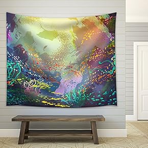 Illustration - Underwater with Coral Reef and Colorful Fish,Illustration Painting - Fabric Wall Tapestry Home Decor - 51x60 inches