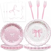 96Pcs Pink Bow Party Supplies Disposable Tableware Set Serve 24 Guests Include Pink Bow Plates and Napkins Forks for Bachelorette Bridal Engagement Baby Shower Birthday Party Decorations