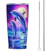 Dujiea 20oz Tumbler With Lid And Straw, Dolphin Vacuum Insulated Iced Coffee Mug, Reusable Travel Cup Stainless Steel Water Bottle