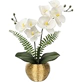 Briful Orchids Artificial Flowers 13'' Fake Orchid Flowers in Gold Ceramic Vase Silk Phalaenopsis White Orchid Flowers for Home Office Wedding Party Table Centerpiece Decor
