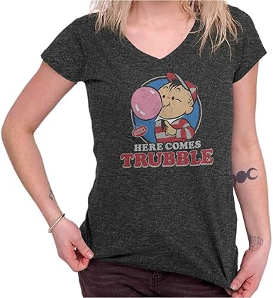 Amazon Com Vintage Dubble Bubble Here Comes Trouble Junior Fit V Neck T Shirt Clothing