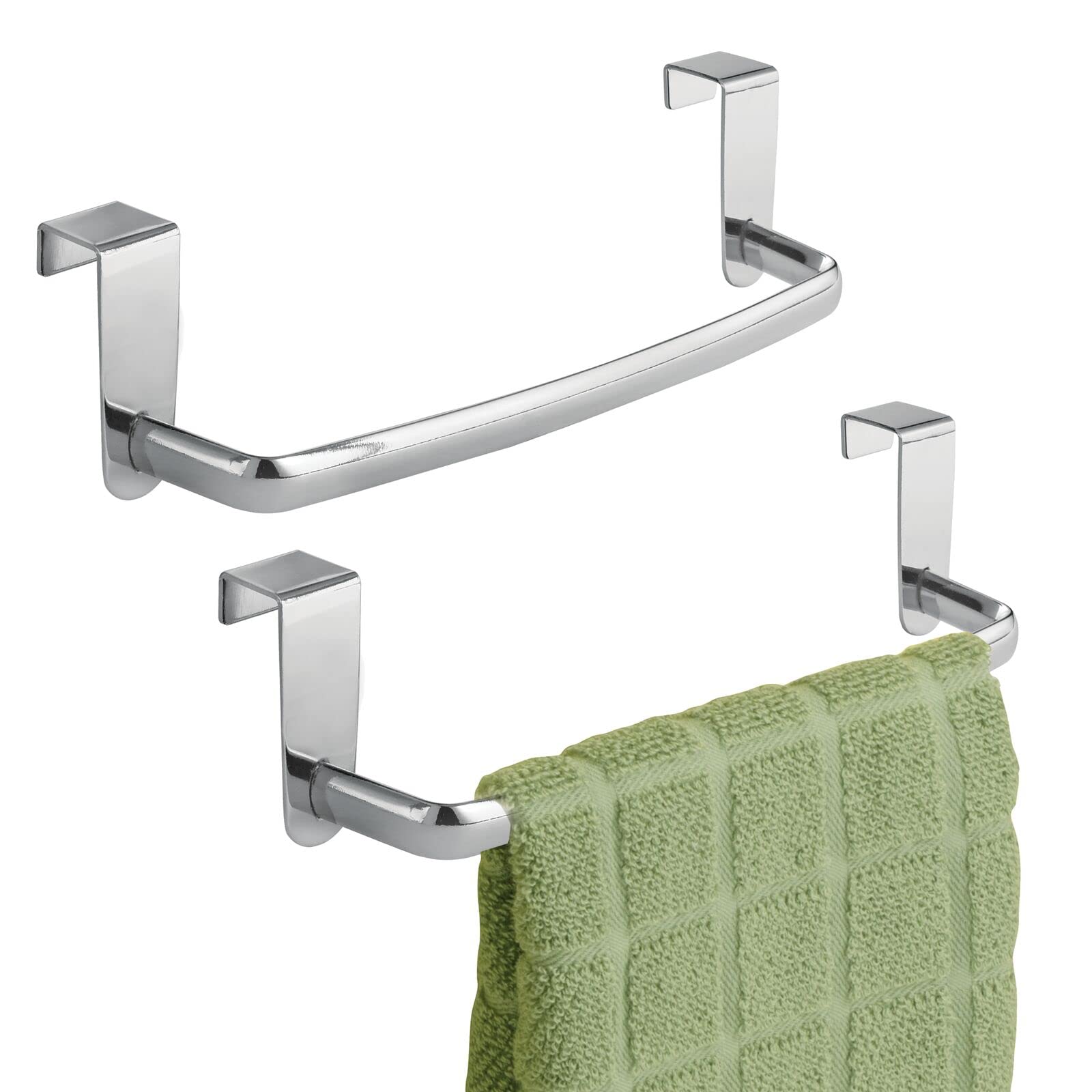 mDesign Set of 2 Tea Towel Holder – Over Door Towel Rail with No Drilling Required – Kitchen Towel Holder Ideal for Kitchens & Bathrooms – Chrome