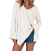 Tankaneo Womens Long Bell Sleeve Tops V Neck Asymmetrical Hem Ribbed Shirts Flowy Trendy Loose Fit Tees Tunic Shirts
