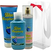 Bath & Body Works BLUE RASPBERRY BURST Fine Fragrance Mist, Ultimate Hydration Body Cream & Body Wash 3-piece Gift Set with a Red Bow for Holidays - Full Size