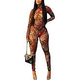 kaimimei Women Floral Print Mesh Bodycon Jumpsuit See Through Backless One Piece Outfits Romper Clubwear
