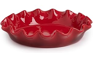 FE FUN ELEMENTS Fun Elements Ceramic Pie Pan, 9 Inch Deep Dish Pie Pan, Ruffled Pie Dish for Baking, Non-Stick Pie Plate for Apple Pie and Pot Pie, Red