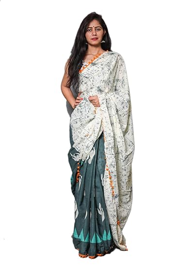 Womens Hand Block Cotton Mulmul Jaipuri Print Saree with Blouse (CT-MUL-PCN-118, Multicolour)