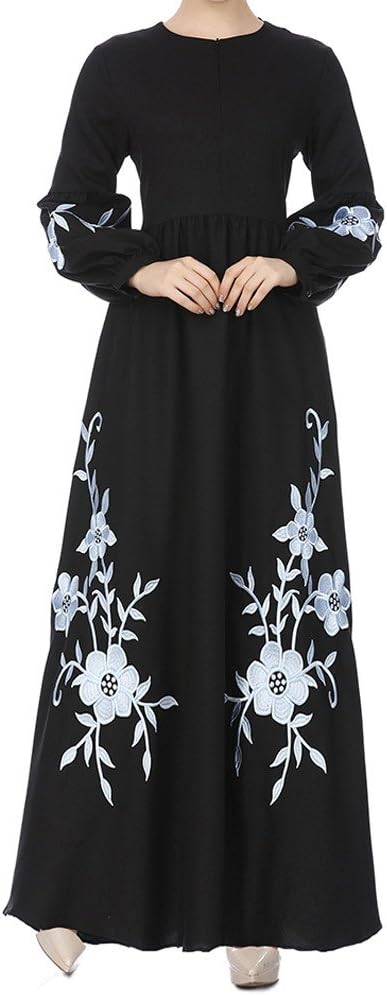Clearance!Women Summer Loose Chiffon Maxi Dress Retro Floral Print Embroidery Lantern Sleeve O-neck Elegant Long Dress (XL, Black)