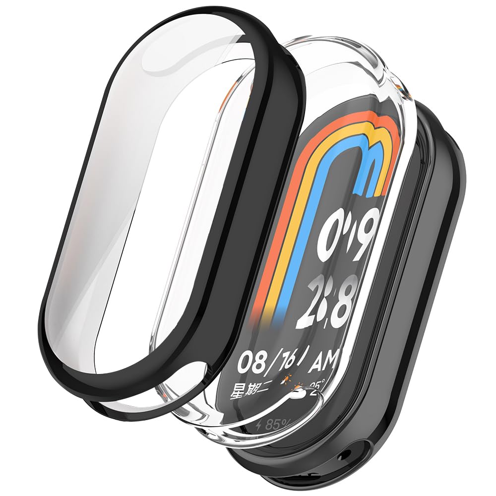Akancy Case Compatible with Mi Band 8, Protective Film, Scratch-Resistant Screen Protector, Silicone, Full Body Cover, TPU Full Protection (Black Transparent)