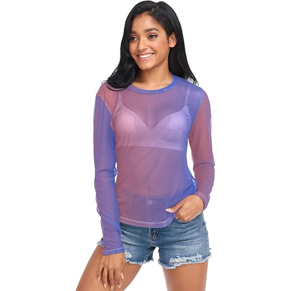 Blue Purple Gradient Long Sleeve Sheer Blouse See Through Sheer