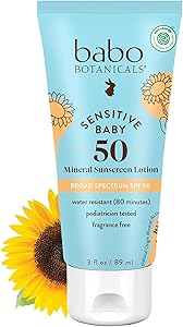 Babo Botanicals Sensitive Baby Mineral Sunscreen Lotion SPF50 - Natural Zinc Oxide - Face & Body - Fragrance-Free - Water-Res