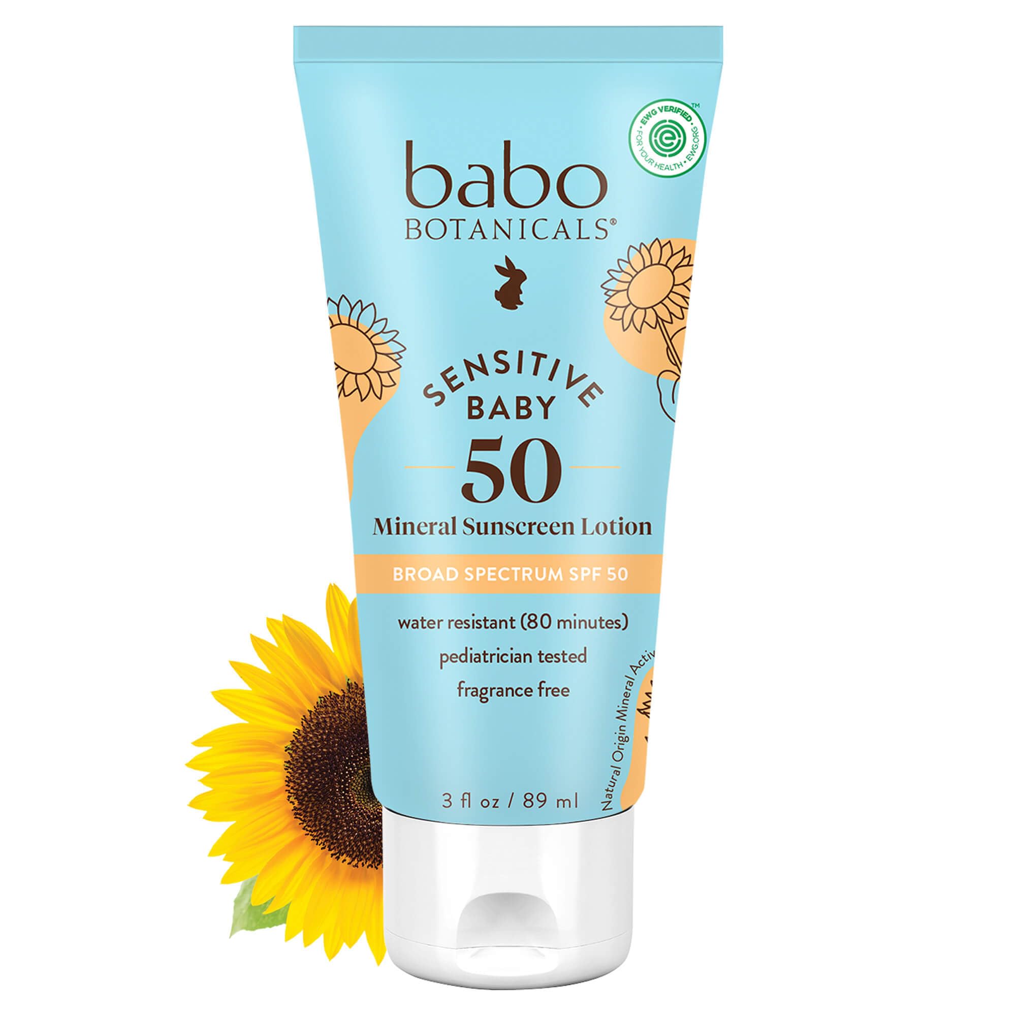 Babo Botanicals Sensitive Baby Mineral Sunscreen Lotion SPF50 - Natural Zinc Oxide - Face & Body - Fragrance-Free - Water-Resistant - EWG Verified - Vegan - Extra Sensitive Skin - For Babies & Kids