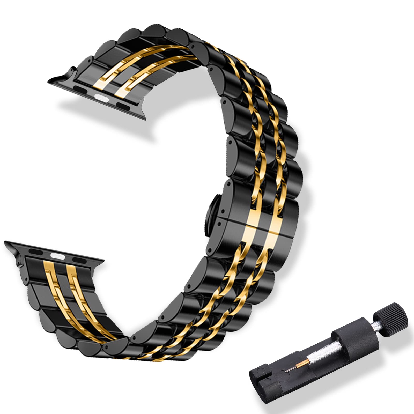 RoYiio Metal Strap for Apple Watch 38mm/40mm/41mm/Series 10 42mm/Series 11 42mm Strap Stainless Steel Replacement Bands for Apple Watch SE 3/2/1, Series 11/10/9/8/7/6/5/4/3/2/1 - Black Gold