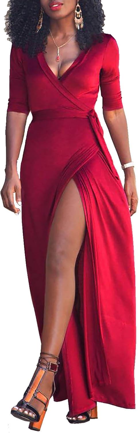 Vivicastle Women's USA Sexy Long Sleeve Tulip Wrap Slit Front Full Long Maxi Dress at  Women’s Clothing store