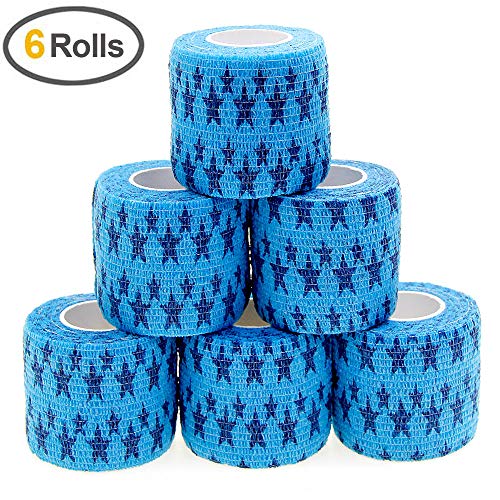 MUEUSS Self Adhesive Bandage First Aid Tape Strong Elastic Wraps for Pets Animals & Ankle Sprains & Medical Support, Blue Star 2 Inches x 5 Yards,6 Rolls