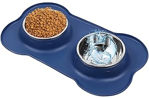 AsFrost Dog Food Bowls Stainless Steel Dog Food and Water Bowl Set, Dog Bowls No Spill Non Slip Silicone Mat, Dog Dishes for Small Medium Size Dogs Cat Puppy Pet Food Feeding Bowls, Blue, 12oz