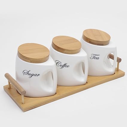 Set Of 3 Ceramic Tea Coffee Sugar White Storage Jars Canister Set