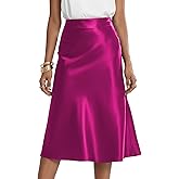 Rooscier Women's Silky Satin High Waist A Line Flared Zipper Elegant Midi Skirt