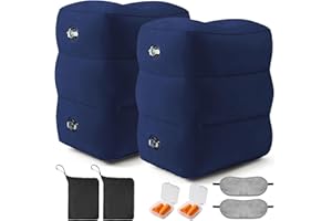 EOOQI Inflatable Foot Rest Pillow for Travel - Adjustable Height Flight Foot Rest with Eye Mask and Earplugs for Kids & Adults on Airplane, Car, Train, Office, and Home (Blue, 2 PCS)