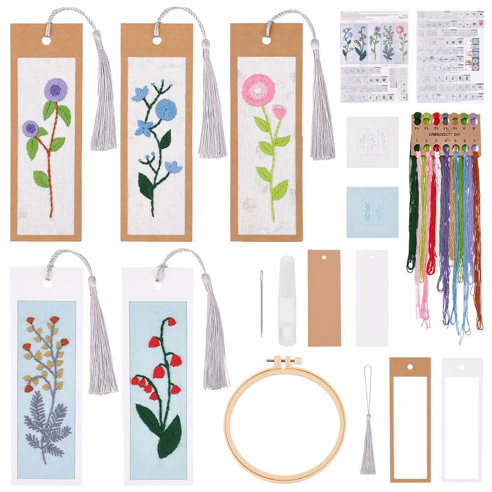 INFUNLY 5 Set Embroidery Bookmark Set Plant Book Marker Cross Stitch Kits DIY Hand Embroidery Bookmark Counted Cross Stitch Kit for Reading Teacher Gift Instruction Included