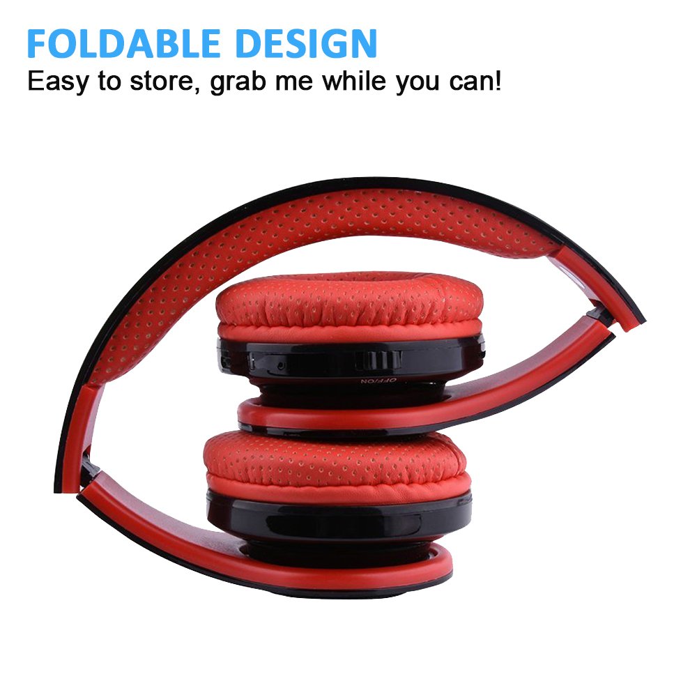 Ecandy Bluetooth Headphones w/Led Wireless/Wired Stereo Music Foldable Over-ear Hifi Sound With Microphones Hands-free Handsfree Calling for Iphone 6 6S Plus Samsung,Android Smartphone,Tablet (Red)