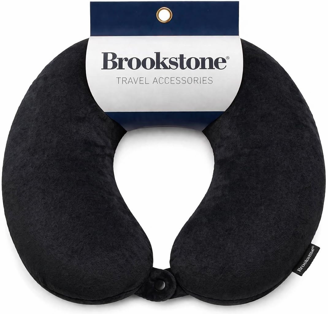 Brookstone Travel Neck Pillow - Lightweight Fleece Casing U-Shaped Stuffable Memory Foam Travel Pillow for Sleeping and Neck Support, Black