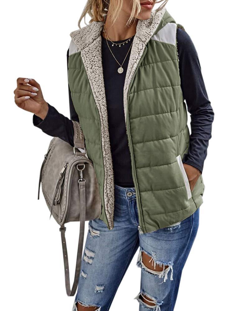 Photo 1 of *MINOR DAMAGE - USED*
Womens Sherpa Fleece Zipper Up Reversible Vest Warm Color Block Hoodie Outwear with Pocket, Medium