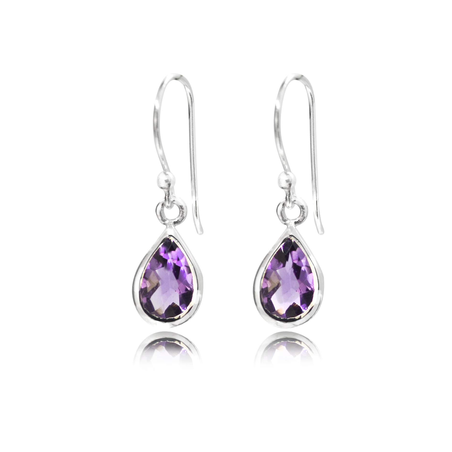 TJS 925 Sterling Silver Dangle Hook Earrings for Women & Girls, Teardrop Faceted Amethyst Gemstones, Nickel-Free and Hypoallergenic, Silver Dangle Earrings, 1 Pair