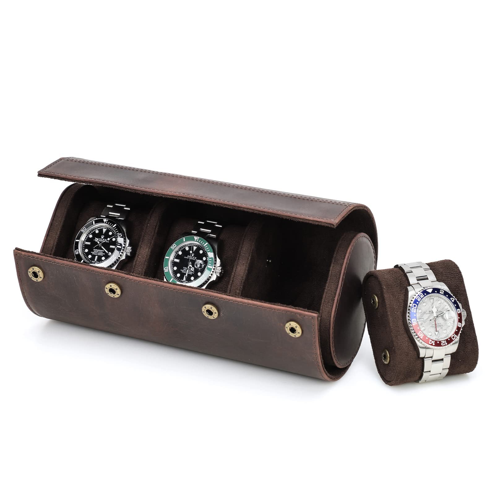 Hiram Watch Roll Case for 3 Watches Handmade Genuine Leather Storage Travel Watch Cases with Removable Cushion Mounting Design