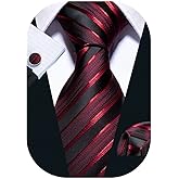Barry.Wang Tie Sets for Men Silk Stripe Necktie Woven Checkered Handkerchief Cufflinks Formal Business Wedding