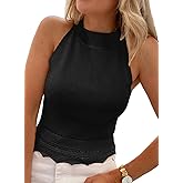 EVALESS Womens Tank Tops Summer Ribbed Knit Racerback High Neck Halter Crop Tops Blouses Sleeveless Slim Basic Cami Shirts