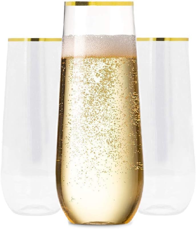 Plastic Champagne Flutes with GOLD RIM SET OF 24 | 9 Oz STEMLESS | Disposable | BPA-FREE | Shatterproof | Clear Toasting Glasses | Recyclable | Perfect for Weddings Party Events Holidays
