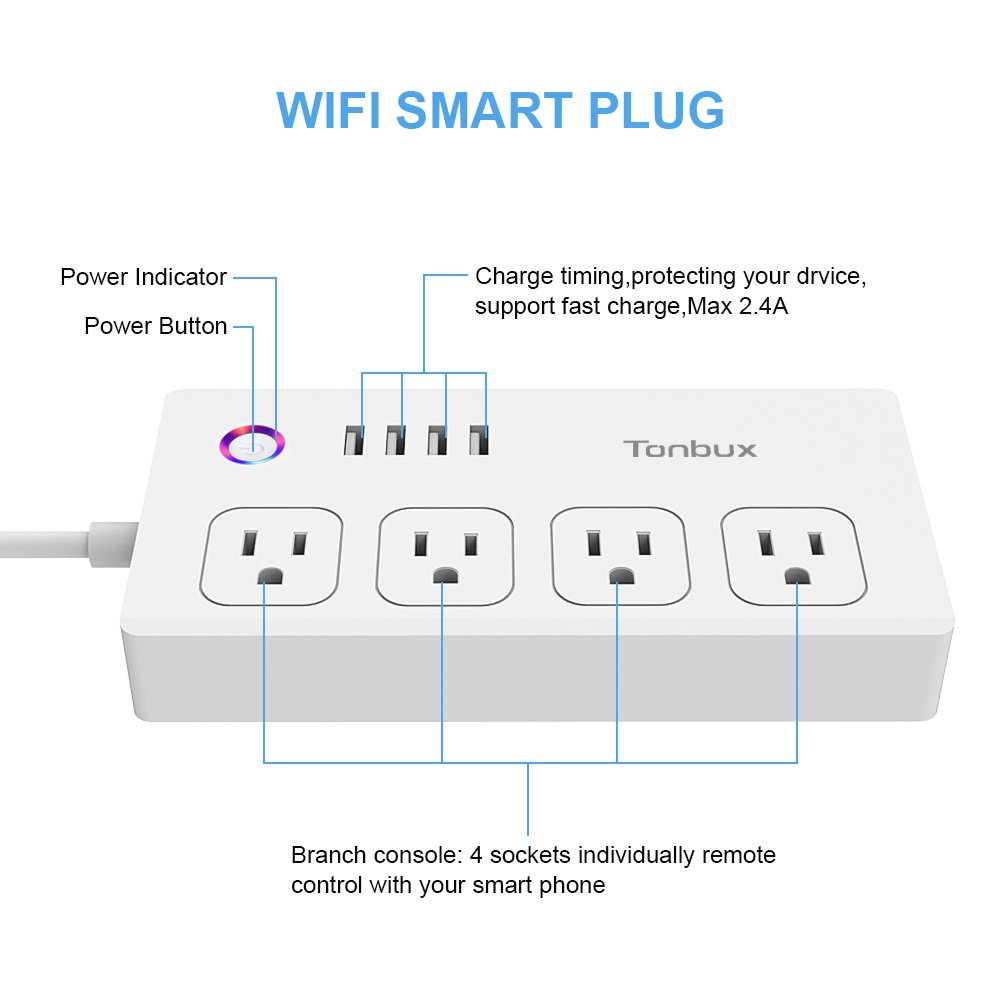 WiFi Smart Power Strip Surge Protector 1700 Joule with Switch 4 Outlets 4 Charge USB Ports and 5-Foot Extension Cord, App Control Your Devices from Anywhere Anytime (White)