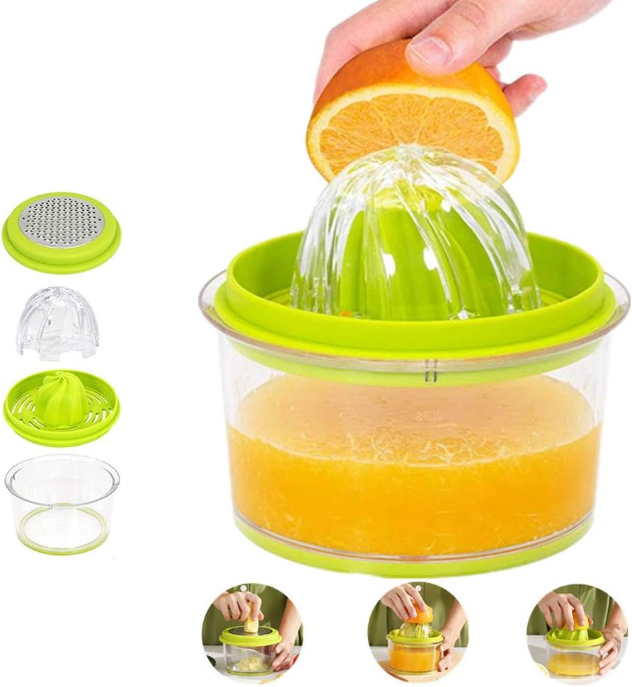 Citrus Lemon Orange Juicer, Manual Hand Squeezer with Built-in Measuring Cup and Grater, 16OZ 4 in 1 Multi-function Manual Juicer with Multi-size Reamers Cheese Ginger Garlic Grater Green