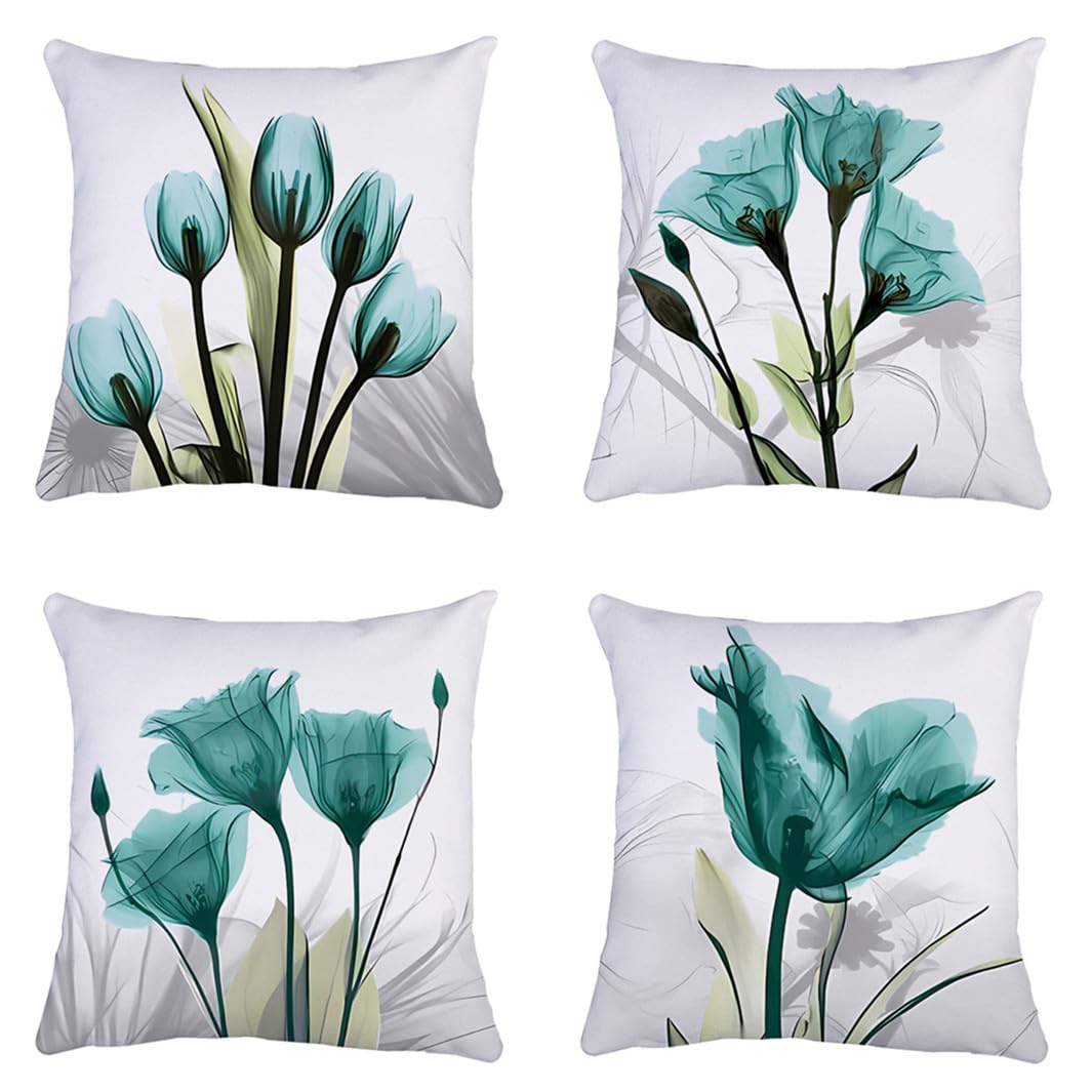 QUALKNOY Set of 4 Cushion Covers 18"x18" Teal Green Flower Linen Modern Art Decorative Throw Pillow cases 45 x 45cm for Living Room Sofa Outdoor Pillowcases โ image 1