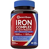 Doctor's Recipes Iron Supplement for Women, 65 mg Iron Bisglycinate, w/Vitamins C, B6, Folic Acid &amp; B12, Beet Root &amp; Spinach, Energy Production &amp; Blood Health, Stomach Friendly, 30 Vegan Capsules