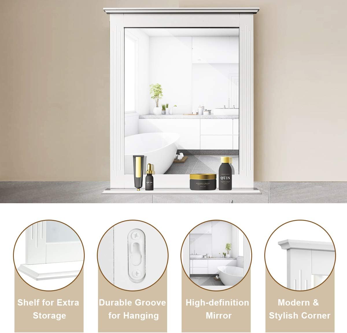 Tangkula Bathroom Wall Mirror with Shelf, Square Makeup Mirror Wall Hanging Mirror, Vanity Mirror for Dressing Room Washroom Bedroom, Modern Concise Wall Mounted Mirror (White): Furniture & Decor