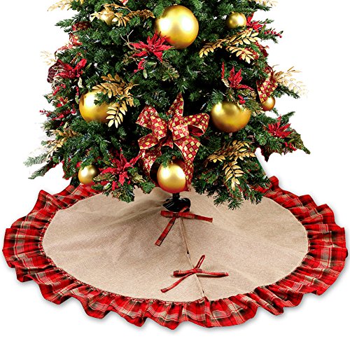 Ourwarm Large Burlap Christmas Tree Skirt 122cm Base Albero Di Natale Di Natale Decorazioni Rosso E Nero Plaid