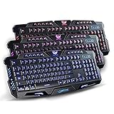 PowerLead J62 LED USB Wired Gaming Keyboard with 3 Adjustable Colorful Backlights-Black