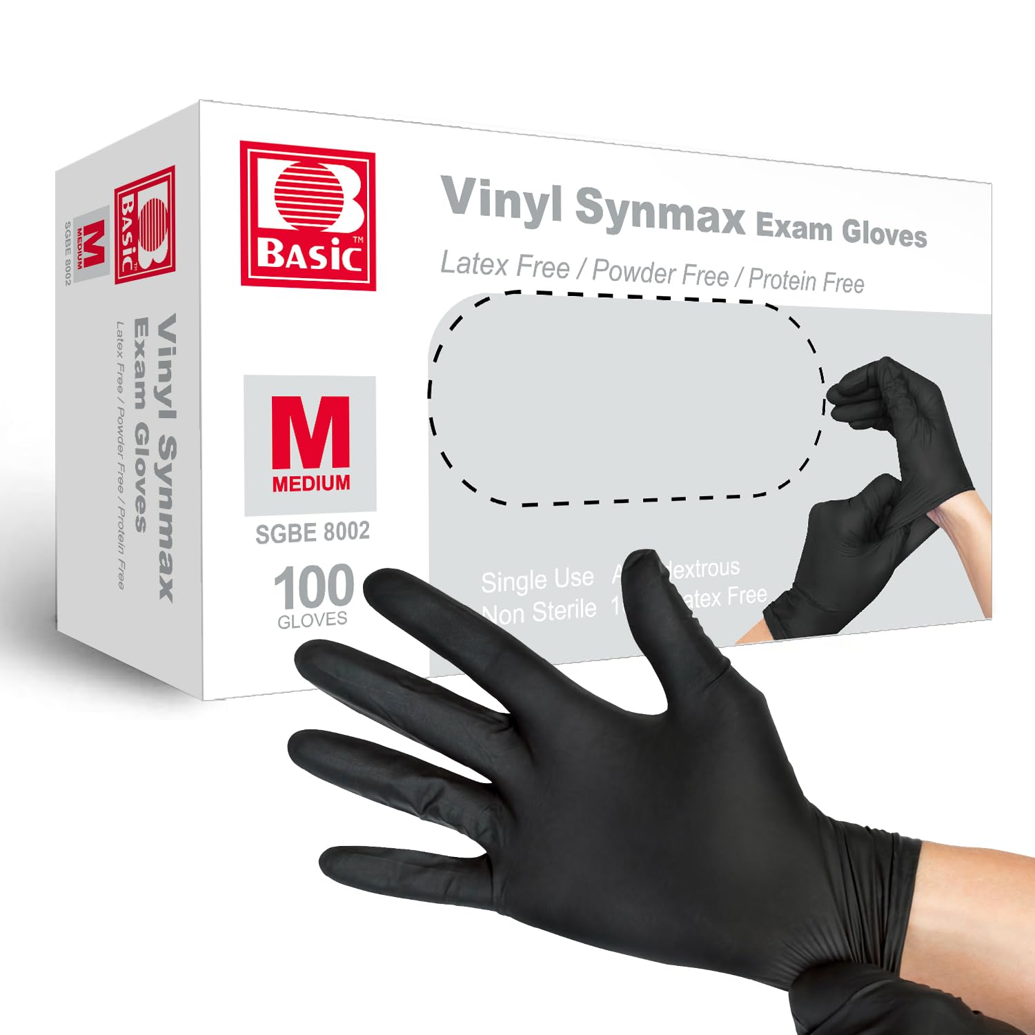 Photo 1 of Basic Disposable Medical Synmax Vinyl Exam Gloves- 4 mil Safty Glove 100pcs - Latex-Free & Powder-Free - SGBE 8002, Medium (Black)