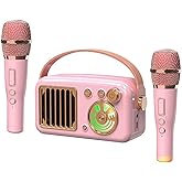Cyboris Karaoke Machine for Kids Adults, 15W Mini Handheld Portable Bluetooth Speaker &2 Wireless Microphone& Lights,9H Playtime,AUX&TF-Card Input,Bluetooth 5.3, Birthday Gifts for Girls Boys (Pink)