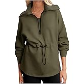 HGps8w Women's Lapel Half Zip Sweatshirt, Drawstring Waist Loose Fit Casual Long Sleeve Pullover Tunic Tops