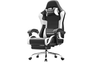 Dowinx Ergonomic Gaming Chair with Footrest, Heavy Duty 330lbs Office Chair, Massage Lumbar Support, Adjustable Height & Headrest Pillow, Comfortable for Back Pain Relief Streaming Long Gaming White