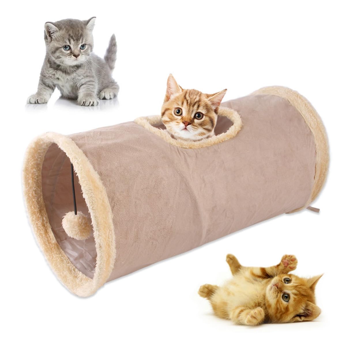 ZYYRSS Cat Tunnel - Collapsible Suede Play Tube with Ball, Indoor Cat Tunnel for Kittens & Puppies (Brown)