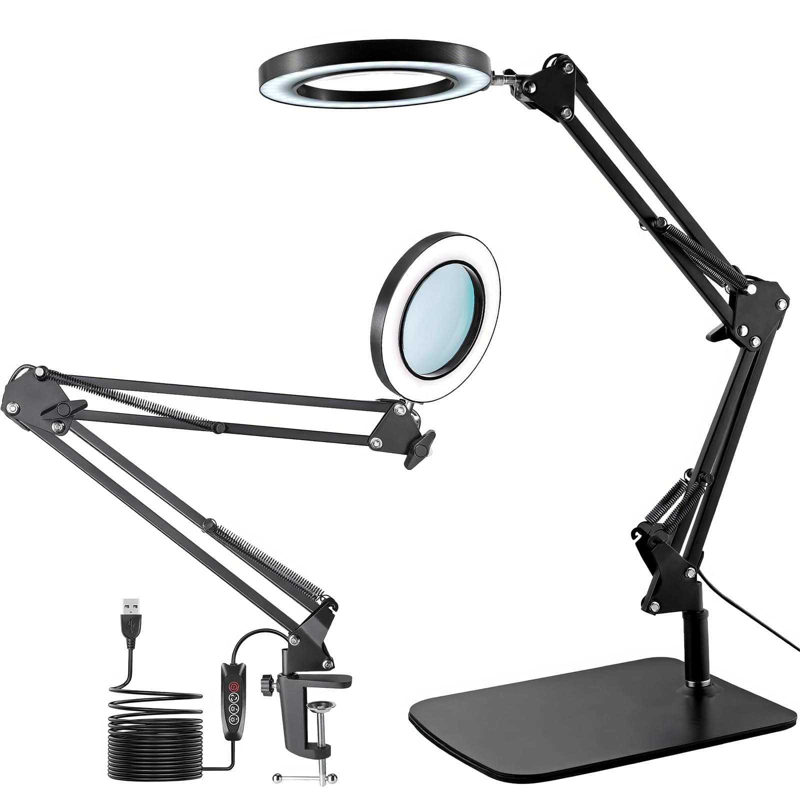 Viiwuu 15X Magnifying Glass with Light, LED Desk Lamp with Base and Clamp, 3 Color Modes, 10 Brightness, 72 LEDs, 4.2" Diameter Real Glass Lens LED Magnifying Glasses for Reading Work Repair