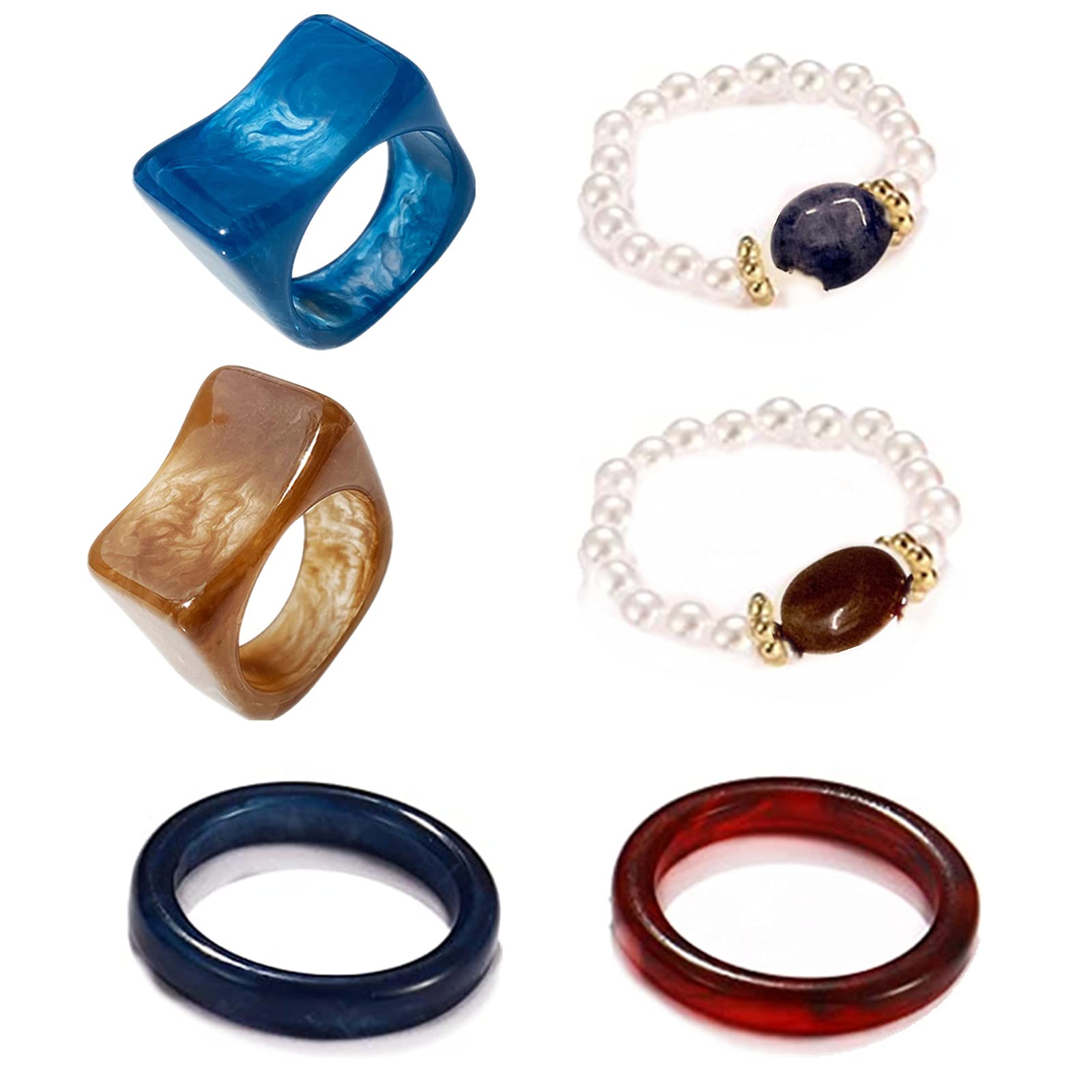 XHBTS 6 Pcs Stacking Resin Rings for Women Girls Bohemian Acrylic Pearls Rings Set Vintage Stacked Band Rings Set