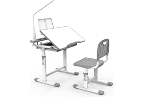 BELANITAS Kids Desk and Chair Set with 40 Degree Tiltable Kids School Desk for Kids, Children Desk with Light, Adjustable Child Desk Go Back School Gift for 3-12 Years, Grey