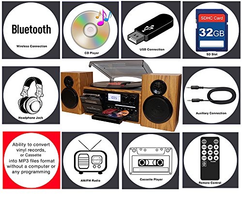 Boytone-BT-28SPW-Bluetooth-Classic-Style-Record-Player-Turntable-with-AMFM-Radio-CD-Cassette-Player-2-Separate-Stereo-Speakers-Record-from-Vinyl-Radio-and-Cassette-to-MP3-SD-slot-USB-AUX