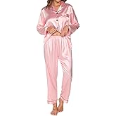 Silk Pajamas for Women Set Long Sleeve Satin Pj Set Two Piece Soft Sleepwear Classic Button Down Loungewear with Pockets