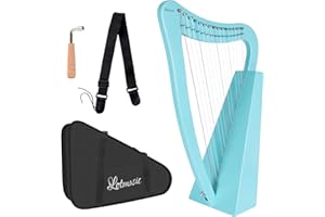 LOTMUSIC Lyre Harp,15 strings 22 inch Solid Birchwood Musical Instrument Height For Adult Kids Beginner with Tuning Wrench Black Gig Bag Strap (Blue)